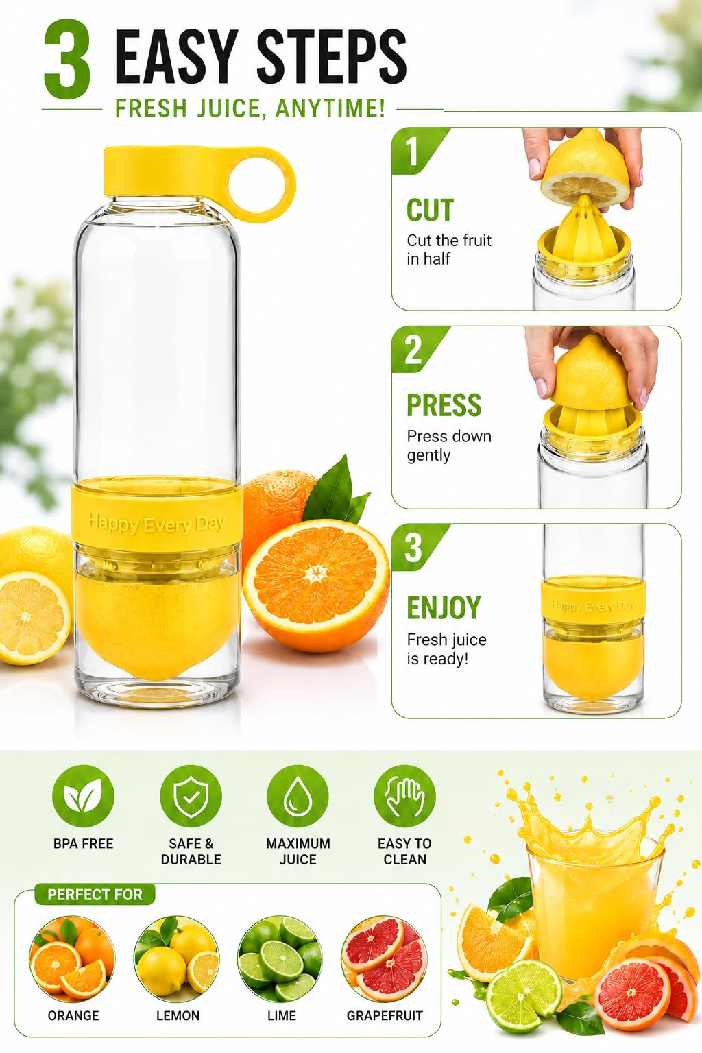 Detox Water Bottle with Fruit Infuser & Citrus Juicer 500ml